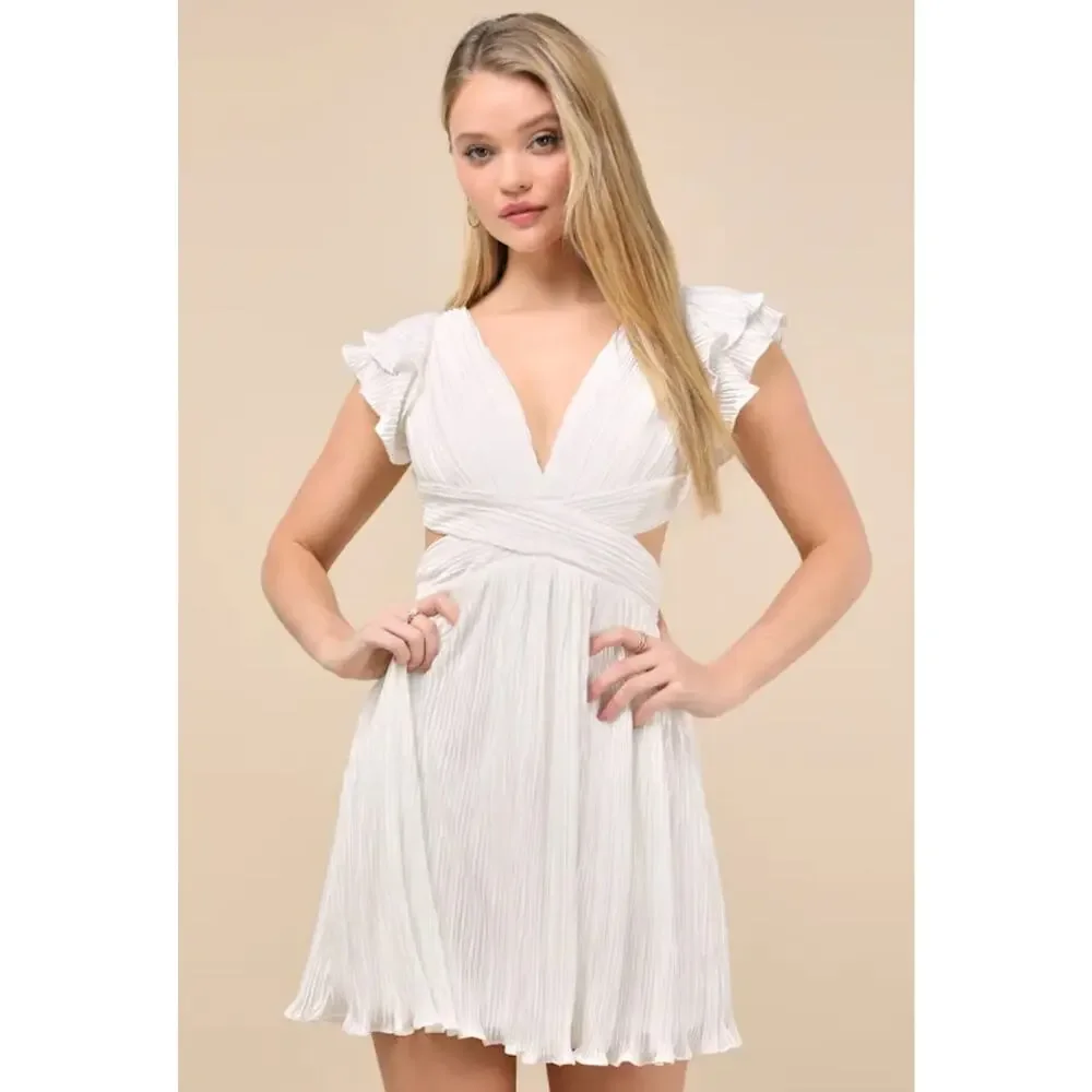 Lulus Captivating Delight White Plisse Satin Mini Dress - Lace-Up Bridal NWT M - Picture 2 of 14